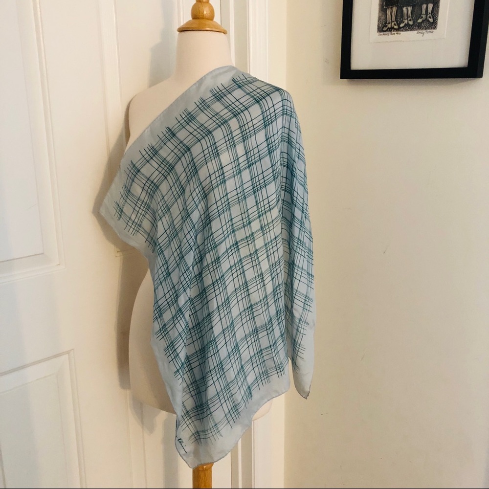EUC Anne Klein Silk Scarf 25” Square Sky Light Blue Pine Green Plaid Semi Sheer